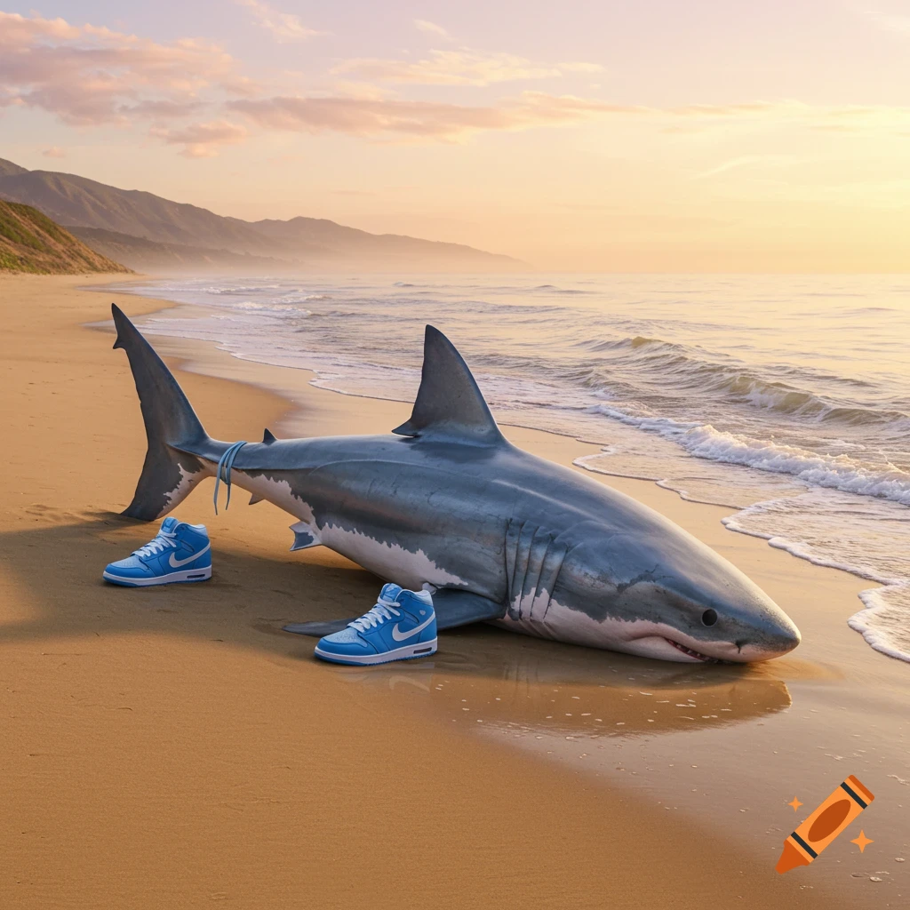 A large shark lies on a sandy beach at sunset, wearing bright blue high-top sneakers.