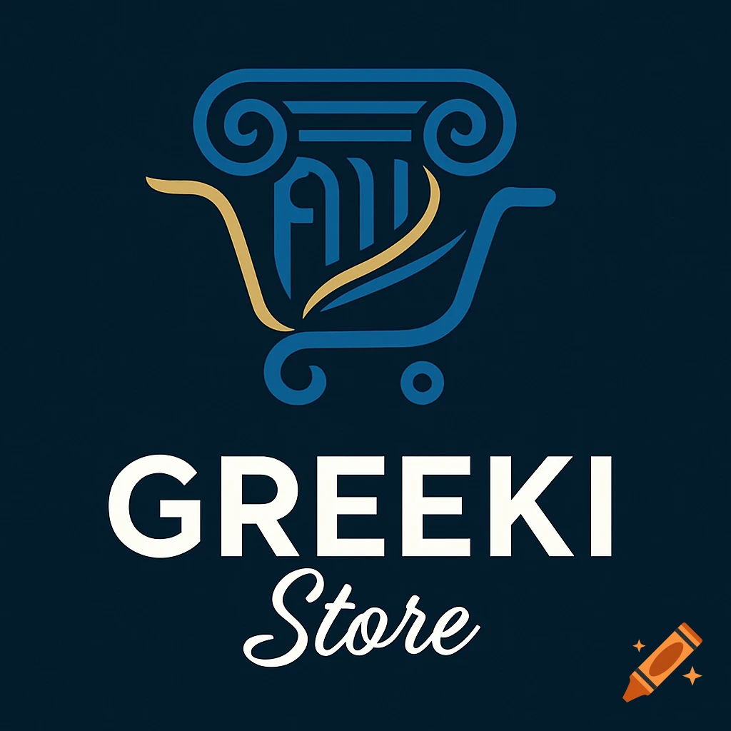 A logo for Greeki Store, featuring a blue shopping cart intertwined with a stylized Greek column on a dark background.