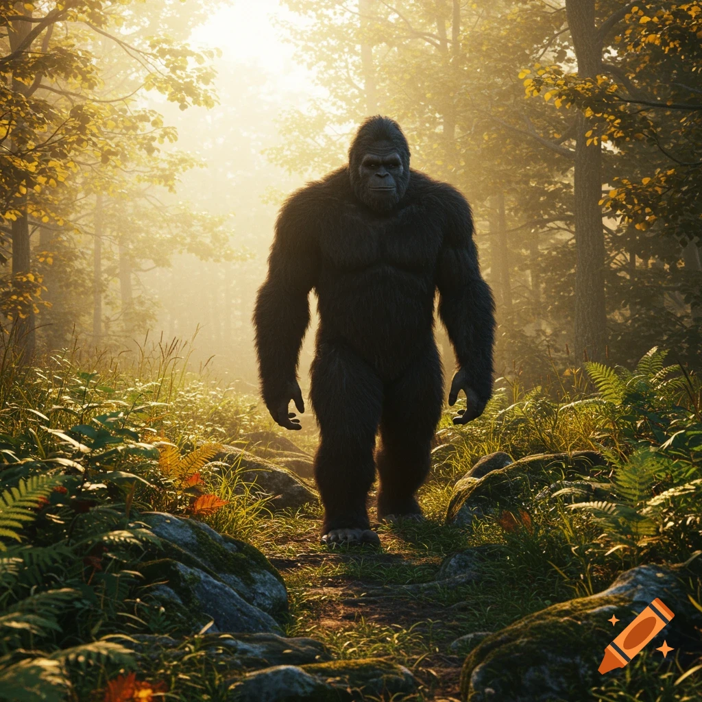 A photorealistic depiction of Bigfoot standing on a path in a sunlit forest.