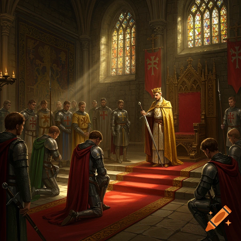 A king in a gold robe blesses kneeling knights in a grand hall with a sword, depicted in a painting style.