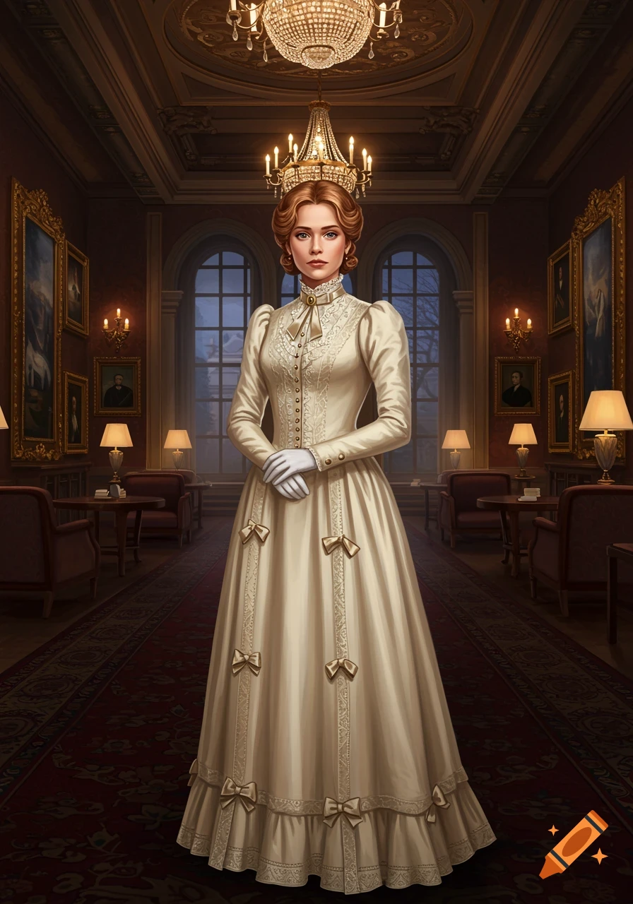 A fair-haired woman in a cream Victorian gown and crown stands in a luxurious, ornate room.