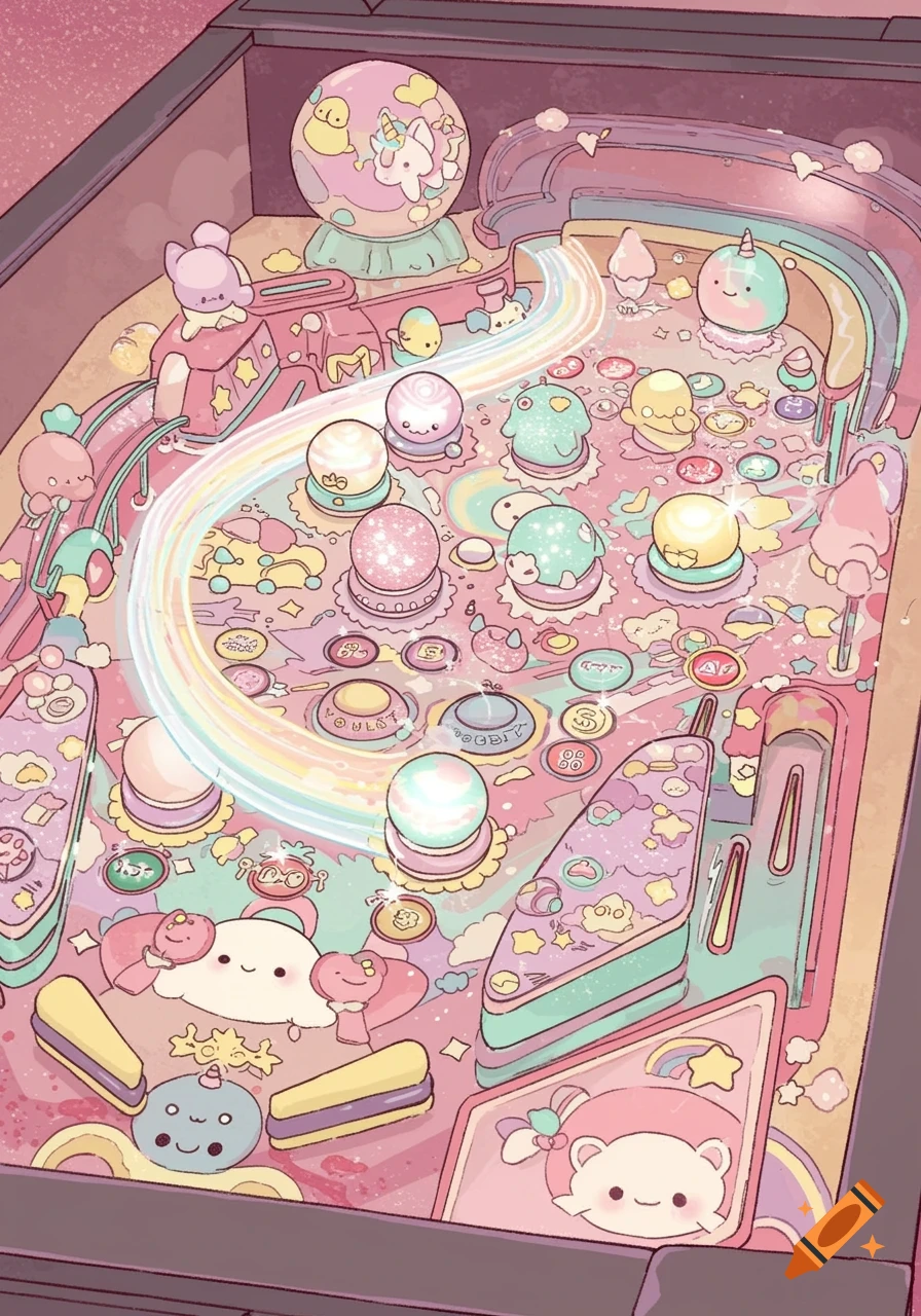 A pastel-colored pinball table in a cute, kawaii cartoon style, featuring various adorable characters and sparkling elements.