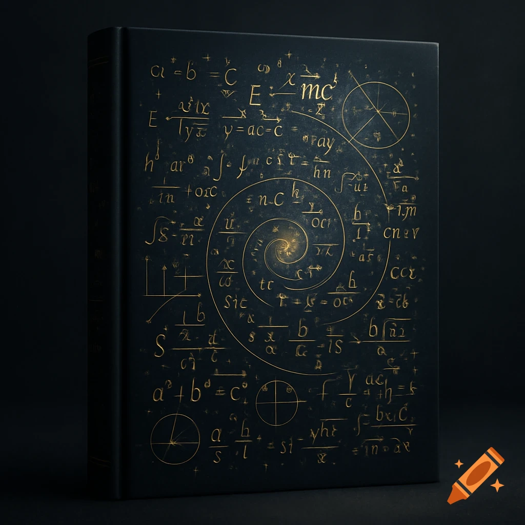 A dark book cover adorned with golden mathematical equations and symbols, including a central golden spiral, on a dark background.