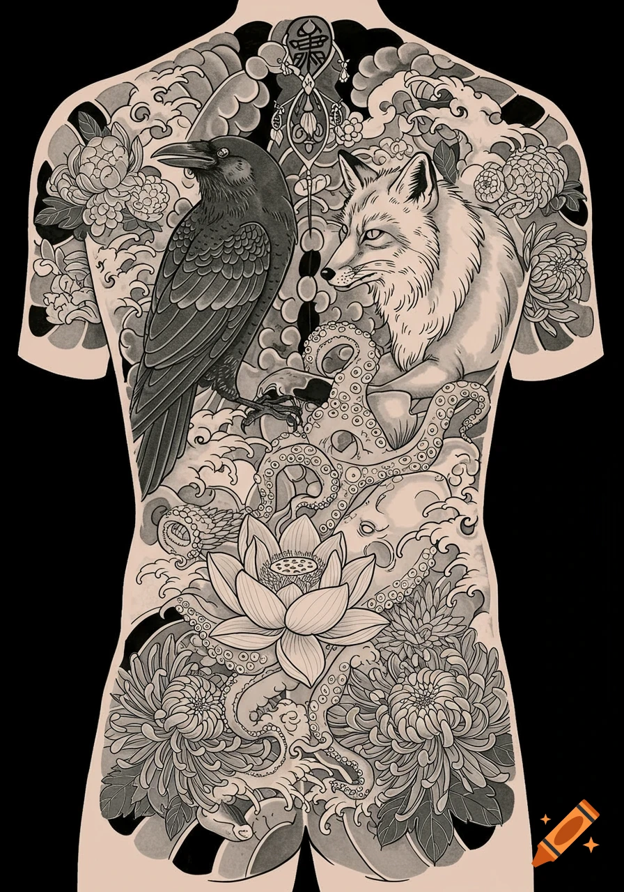 Full back black work tattoo featuring a raven, fox, and octopus amidst Asian clouds, water, lotus, and chrysanthemums.
