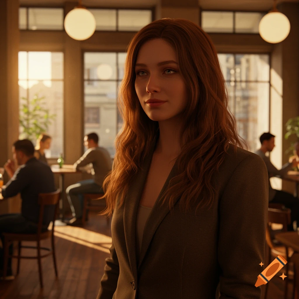 Photorealistic portrait of a woman with long red hair wearing a blazer in a sunlit cafe.