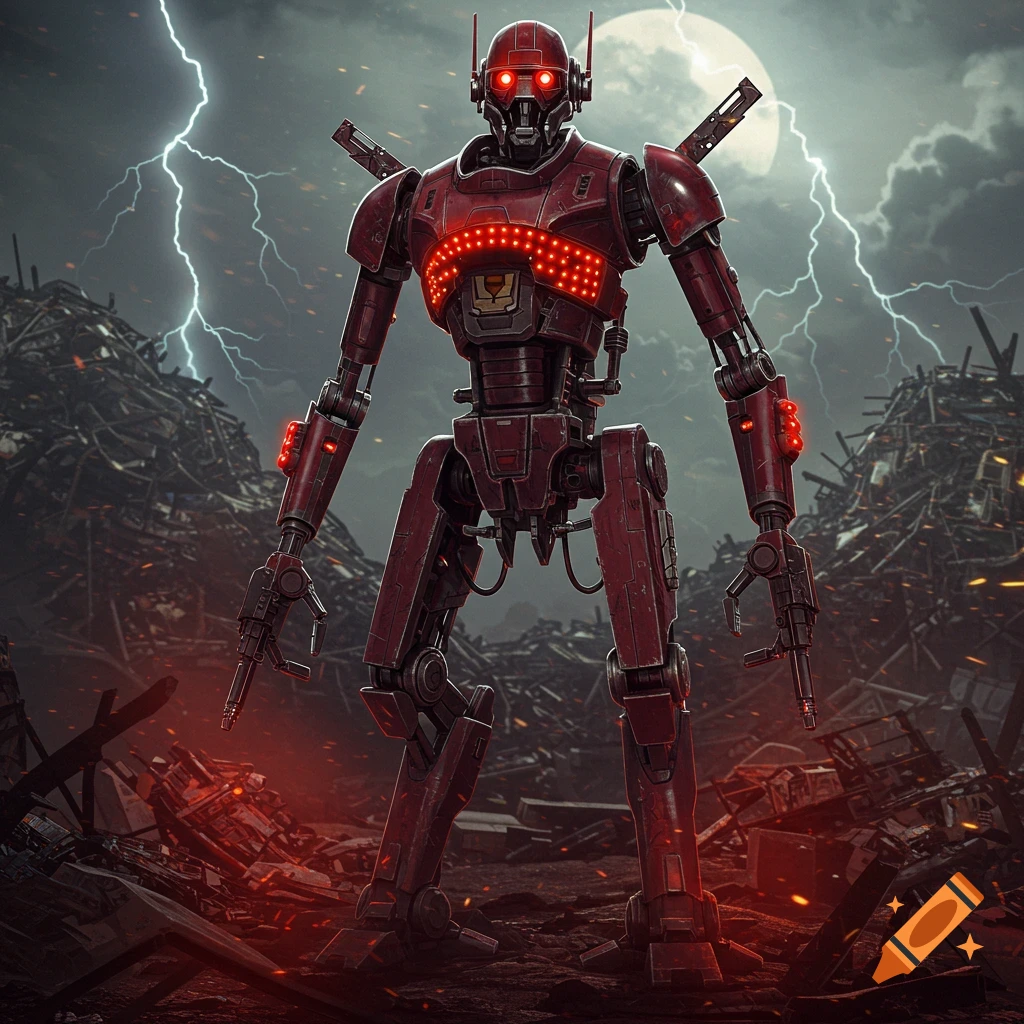 A menacing red robot with glowing red eyes stands in a desolate junkyard under a stormy, moonlit sky with lightning.