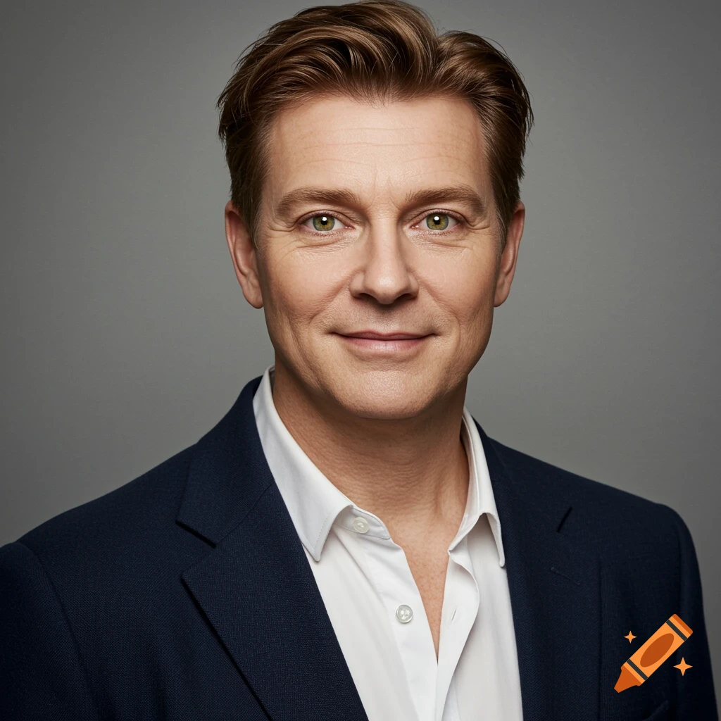 Photorealistic headshot of a man in a navy suit and white shirt, looking at the camera against a grey background.