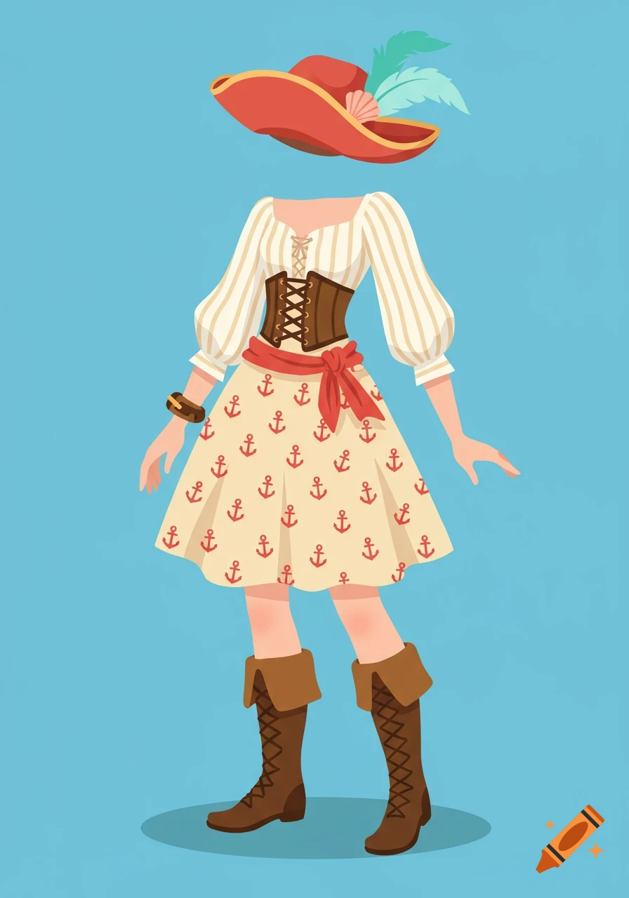 A cartoon illustration of a colorful pirate outfit: a red feathered hat, striped blouse, brown corset, anchor-patterned skirt, and brown boots.