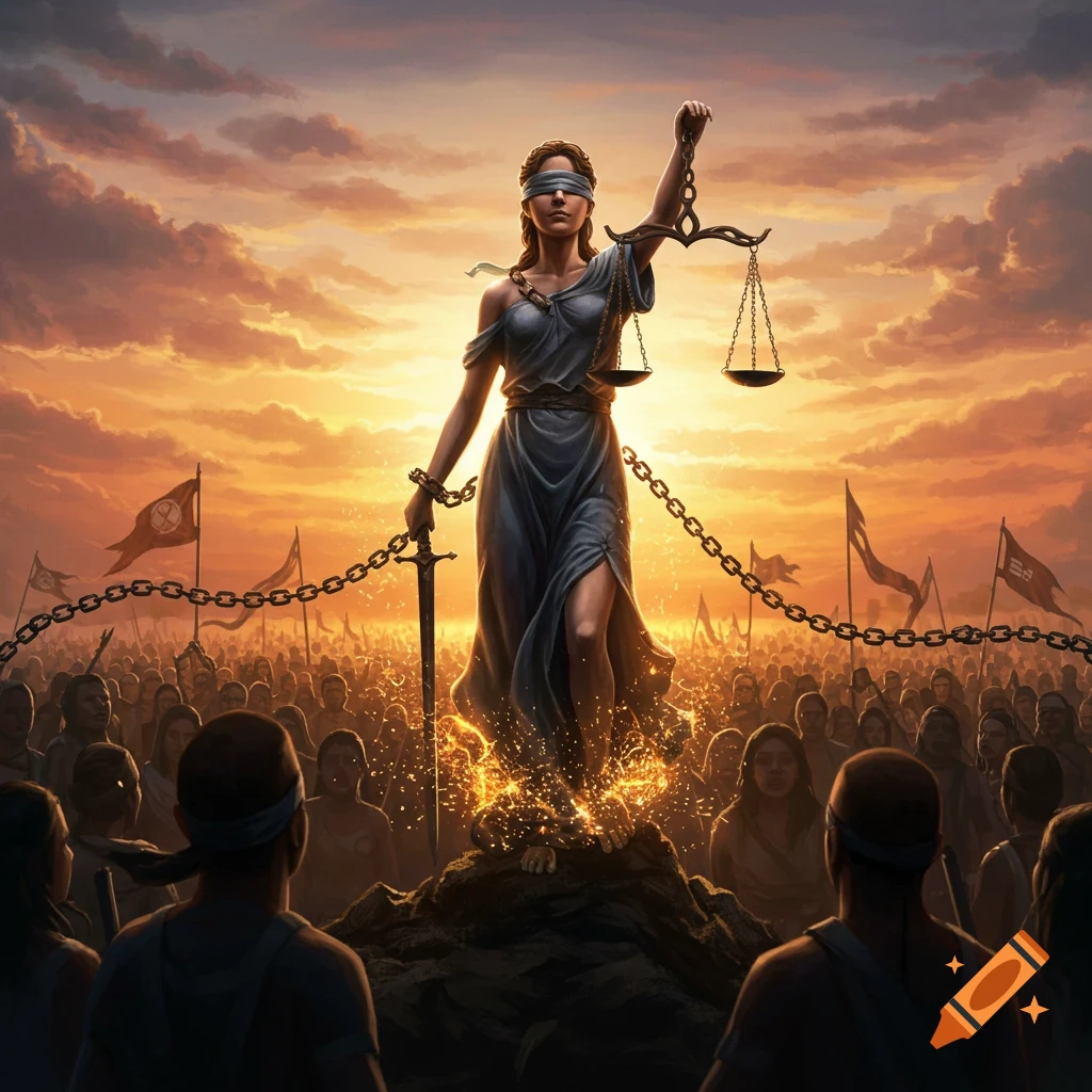 Lady Justice stands on a mound holding scales and a sword, breaking chains, before a crowd at sunset.