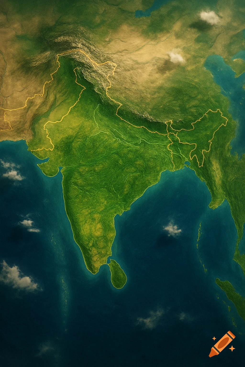 Topographic map of the Indian subcontinent, including India, Pakistan, Bangladesh, and Sri Lanka as a unified landmass, in a Google Earth style.