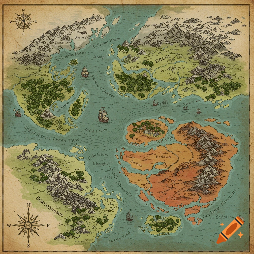 An old-style fantasy world map featuring two large continents, various islands, mountains, forests, rivers, and ships, all set within a vast ocean.