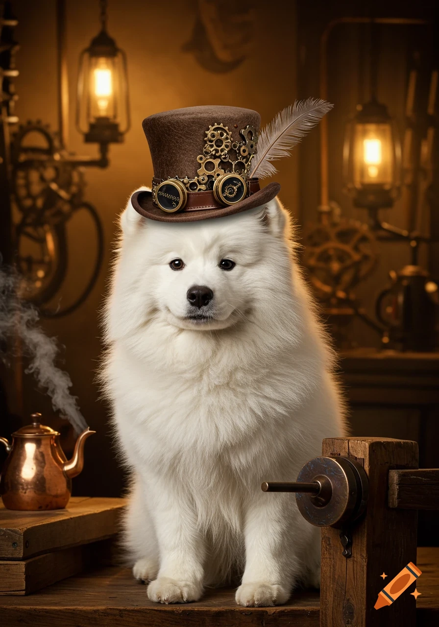 A fluffy white Samoyed dog wearing a brown steampunk tophat with gears and goggles, sitting in a dimly lit workshop.