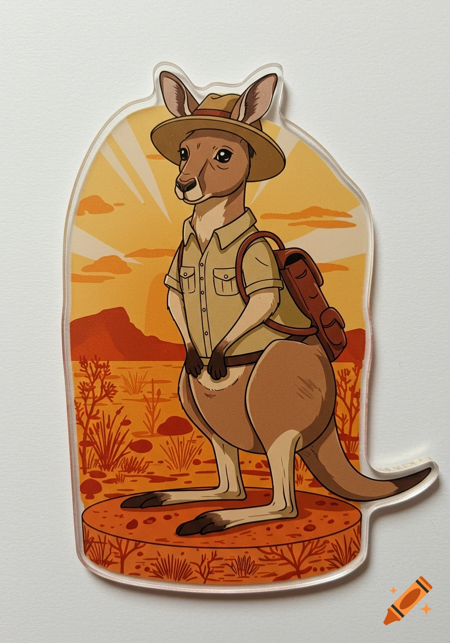 Cartoon kangaroo explorer wearing a hat and backpack in a desert scene on an acrylic standee.
