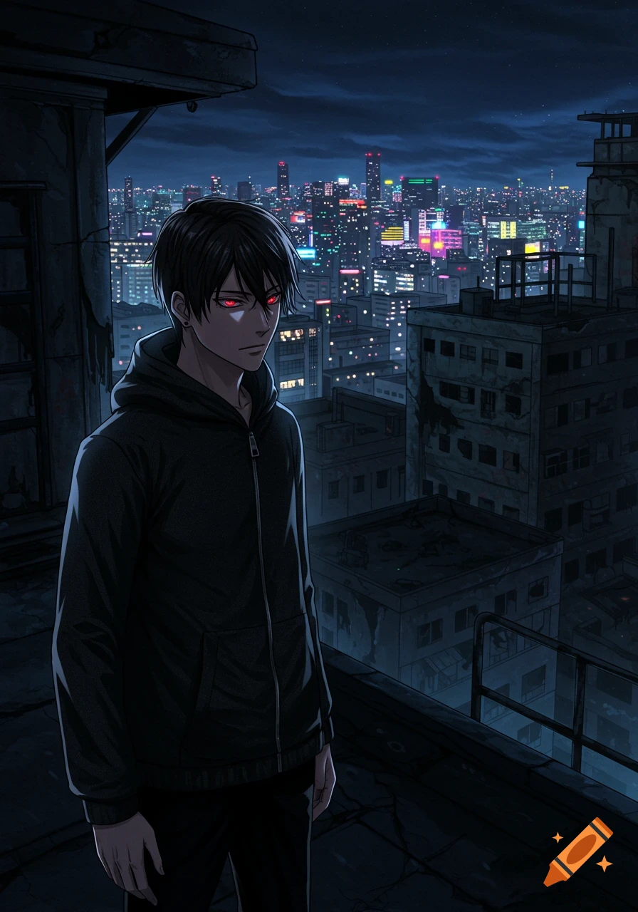 An anime character with black hair and red eyes stands on a dark, abandoned rooftop overlooking a brightly lit city at night.
