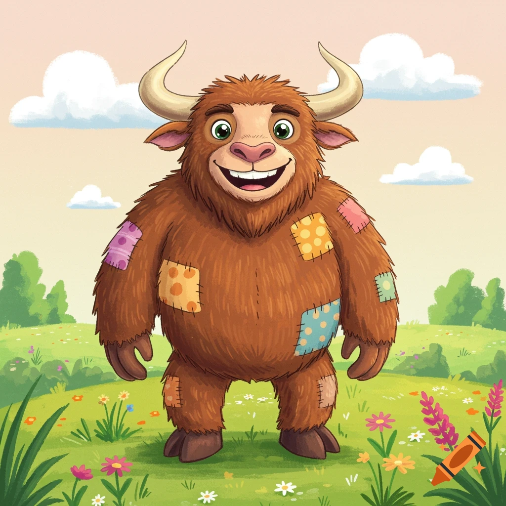 A happy, furry brown cartoon creature with horns and colorful patches stands in a green field with flowers and trees.