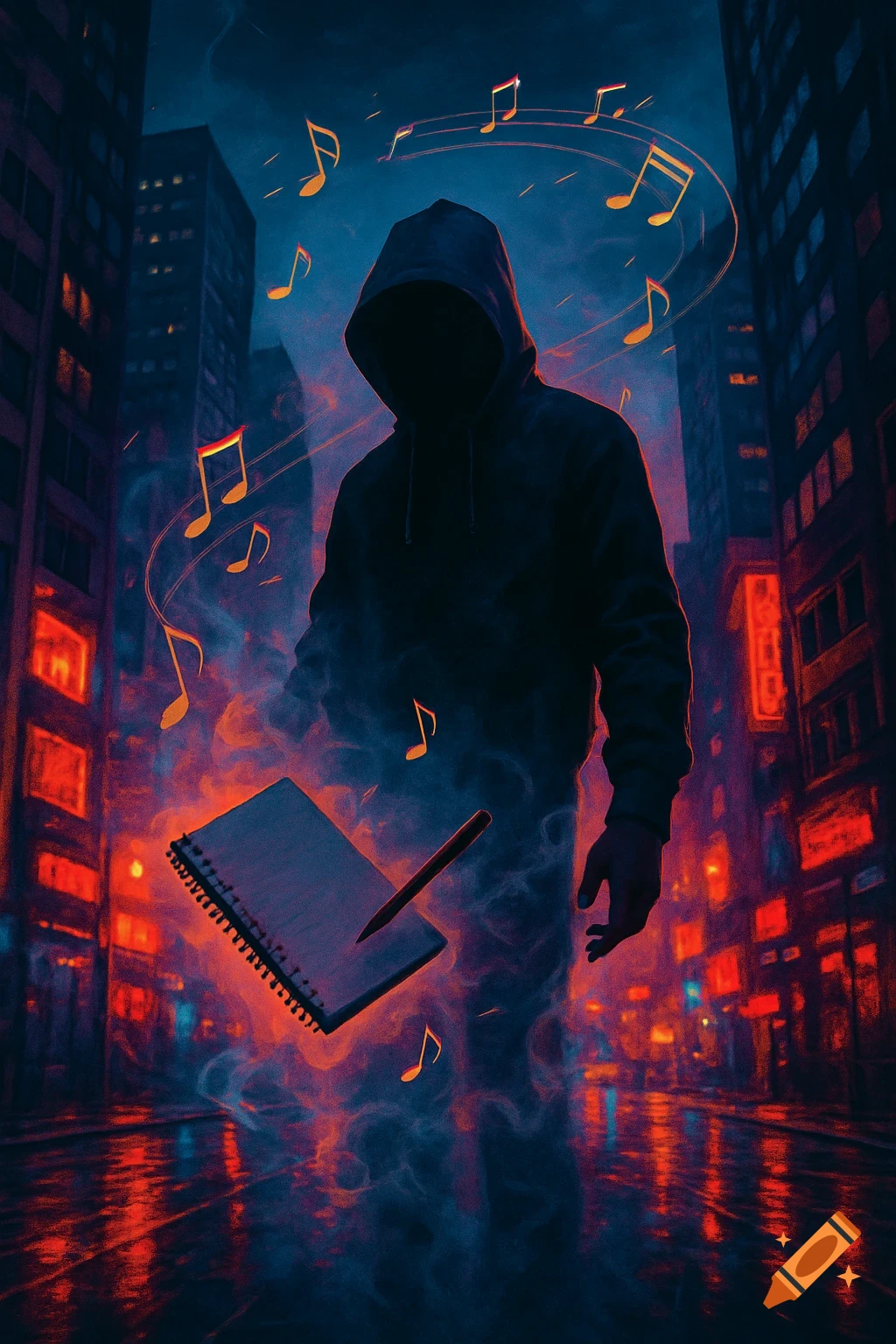 A dark silhouette of a hooded figure in a neon-lit city street at night, with a floating notepad, pen, and glowing music notes.
