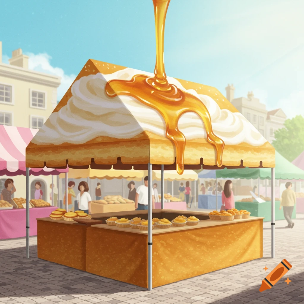 A market stall with a roof shaped like a pancake covered in whipped cream and pouring syrup, surrounded by other market stalls and people.