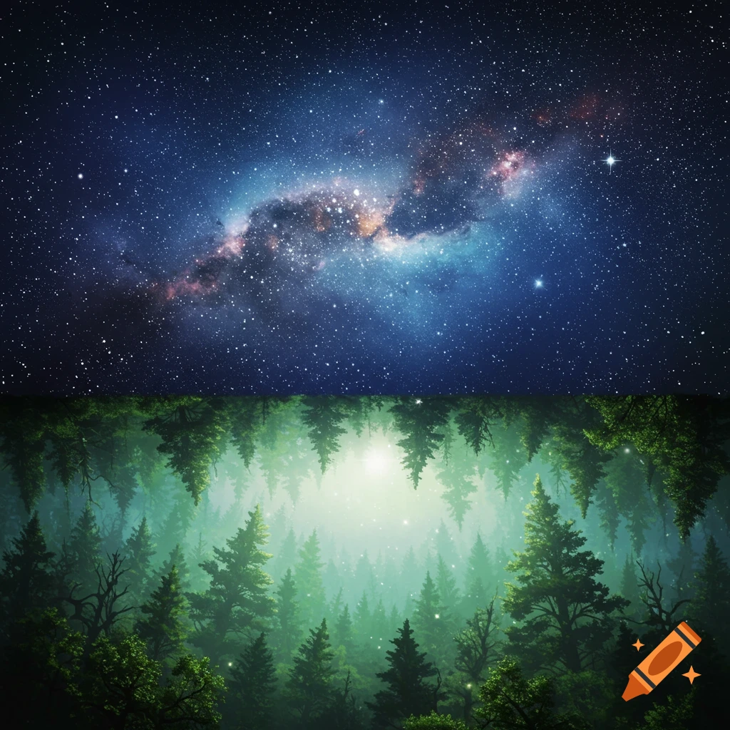 A starry night sky with a vibrant nebula above an inverted, misty forest with light emanating from below.