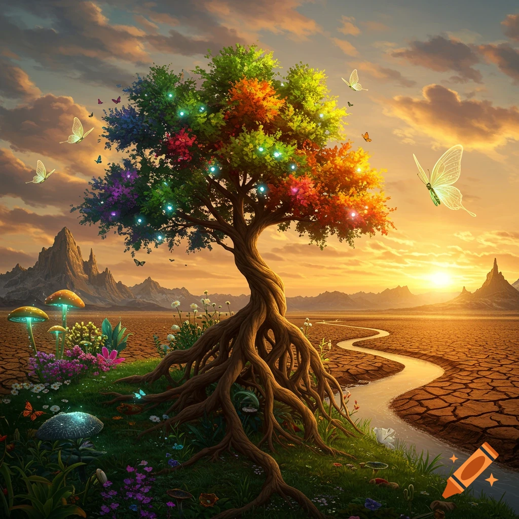 A vibrant, magical tree with colorful leaves and glowing lights stands with exposed roots beside a winding river in a parched landscape under a sunset sky. Butterflies and glowing mushrooms are nearby.