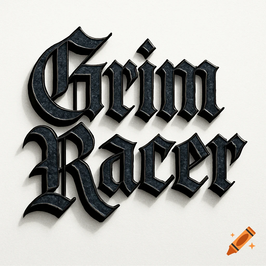 3D gothic text 'Grim Racer' in dark gray with a metallic texture, casting shadows on a white background.