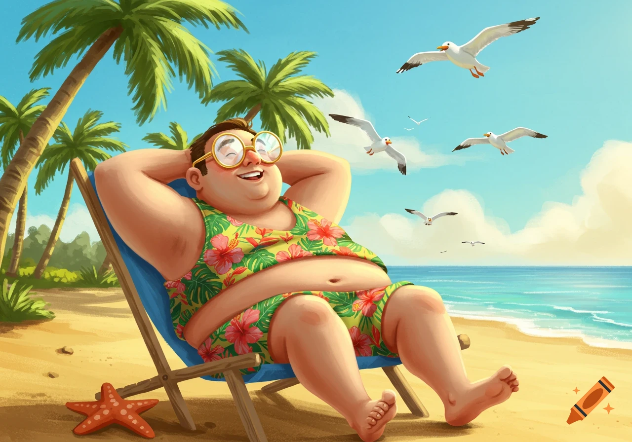 A cartoon man in a floral bathing suit and glasses smiles, relaxing on a beach chair under palm trees with seagulls flying overhead.