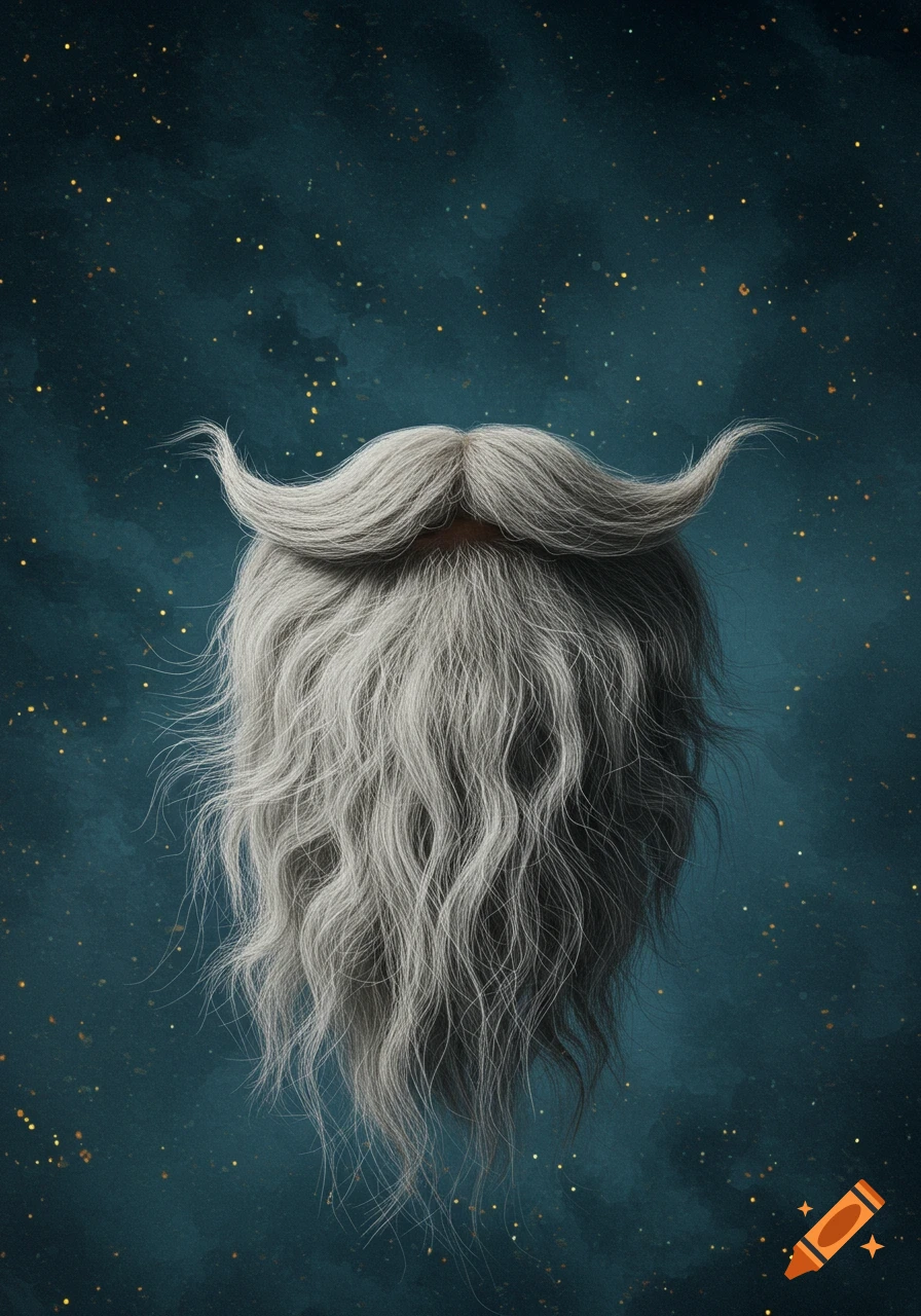 A long, voluminous grey beard and mustache against a dark blue, textured background with golden star-like specks.