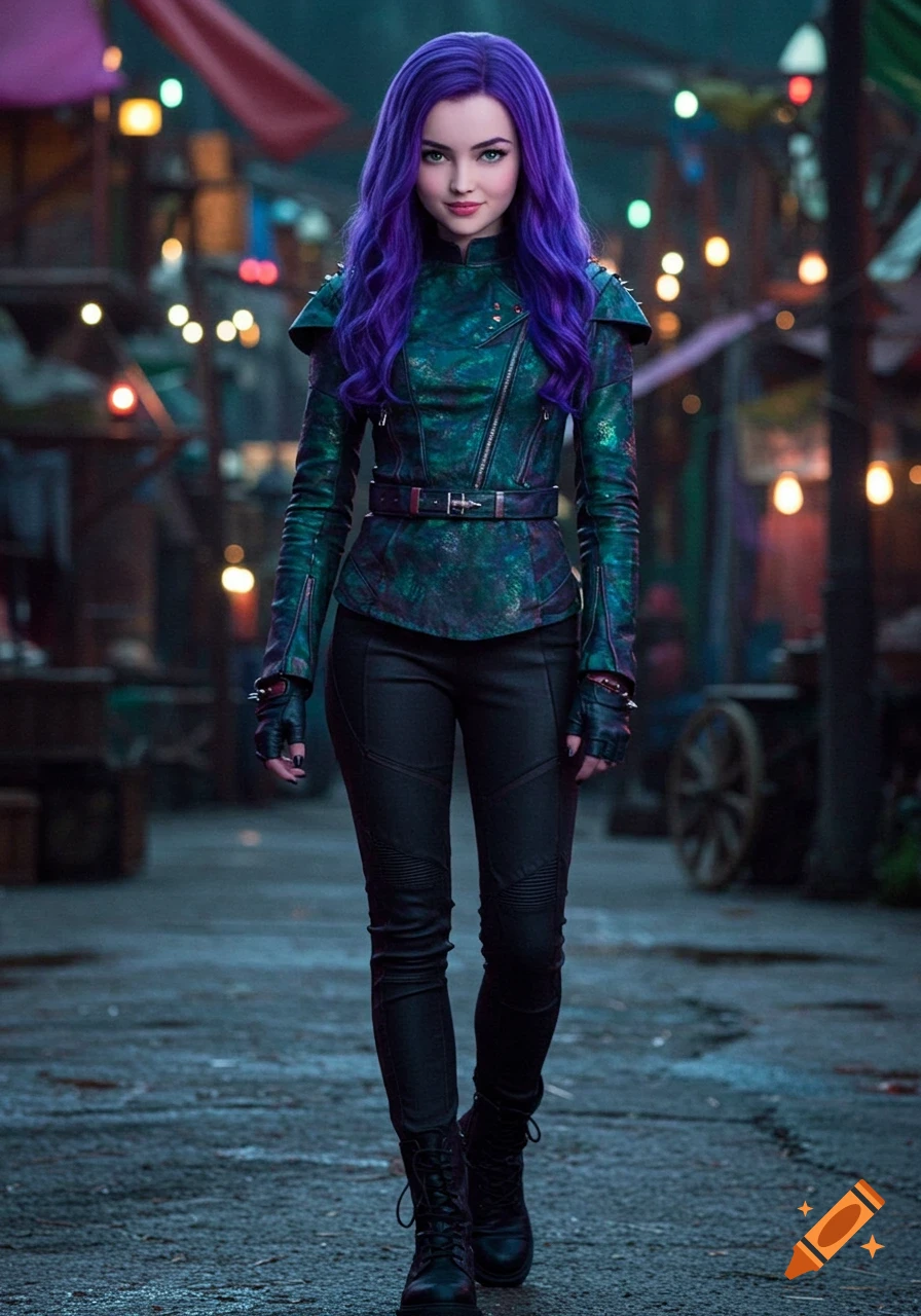 A young woman with long purple hair and green eyes wears a teal textured jacket over black pants and boots, standing on a cobblestone path in a dimly lit, market-like setting.