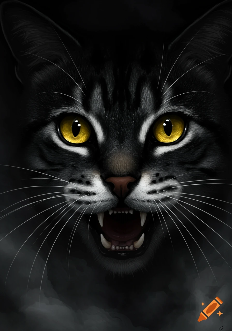 Close-up of a black and grey tabby cat's face, roaring with bared fangs and glowing yellow eyes against a dark background, in a digital art style.