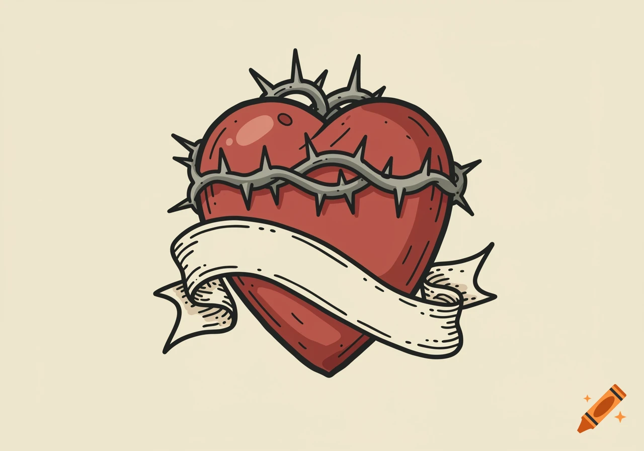 A vintage red heart tattoo design with a crown of thorns and a blank banner, in traditional American tattoo flash art style.