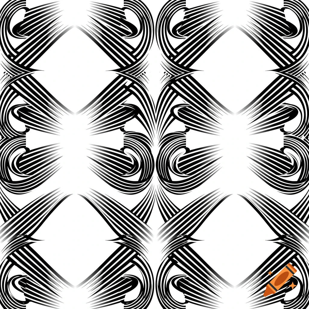 A bold black-and-white abstract pattern of weaving ribbons in a repeating lattice form.