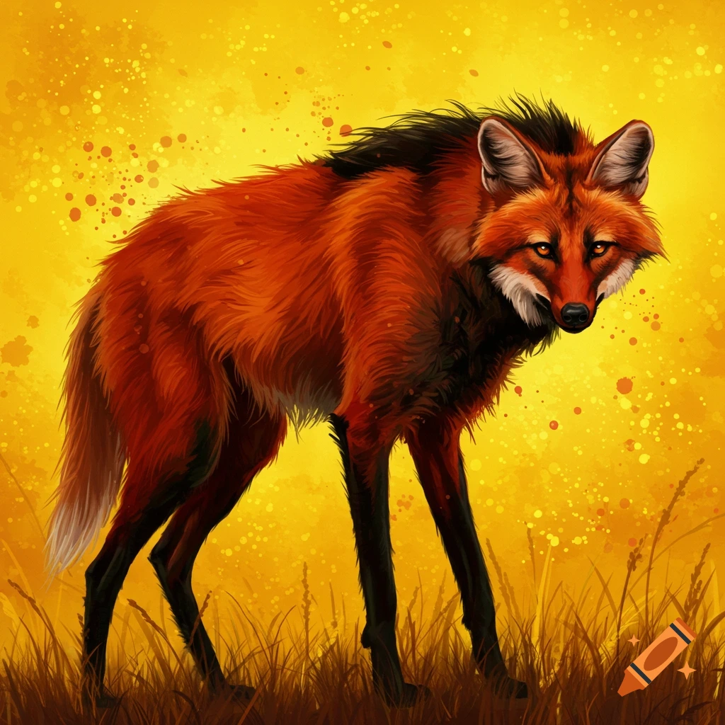 A surrealist painting of a maned wolf standing in tall grass against a vibrant yellow background.