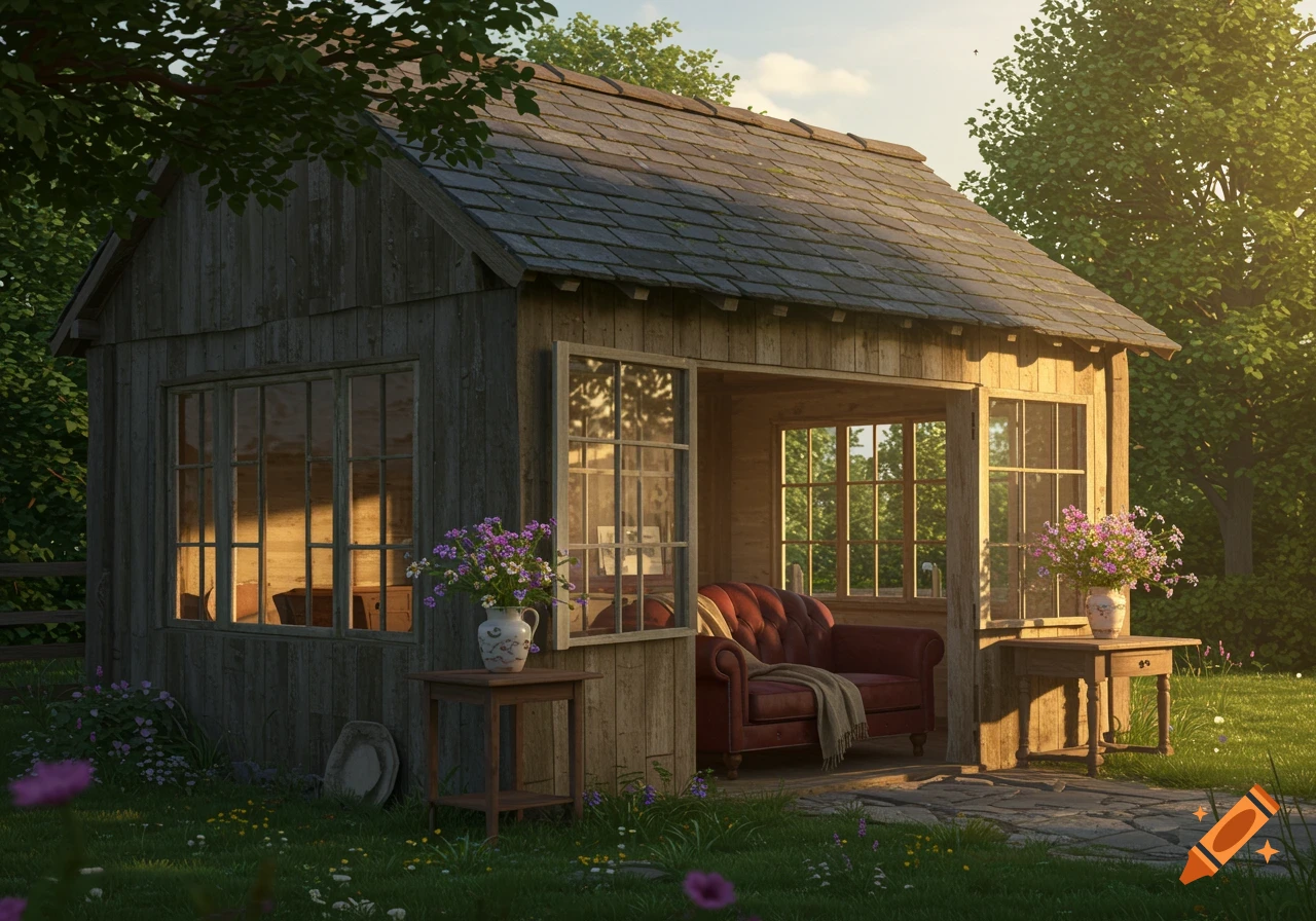 A rustic wooden outbuilding with a red sofa visible inside, surrounded by green grass and colorful flowers in a sunlit garden.