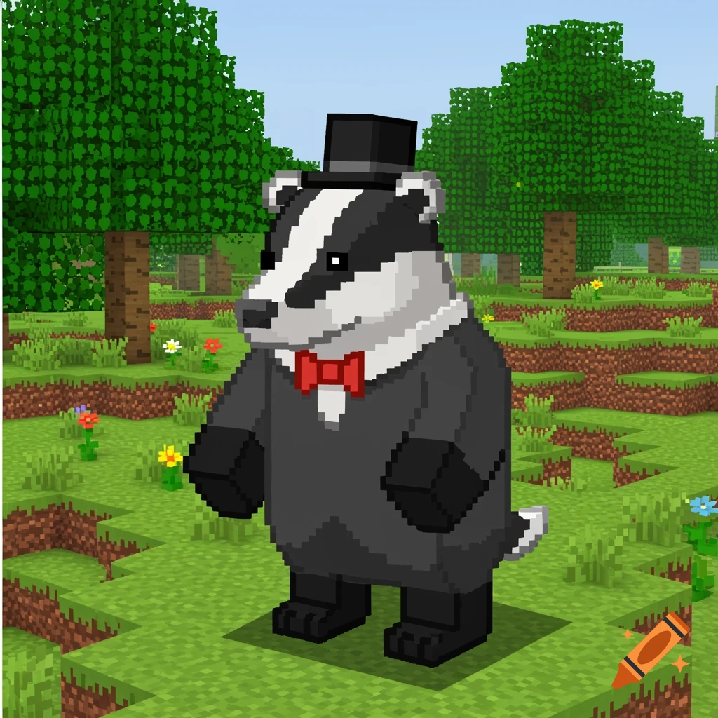 A pixel art badger wearing a top hat and bow tie stands in a Minecraft-style landscape.