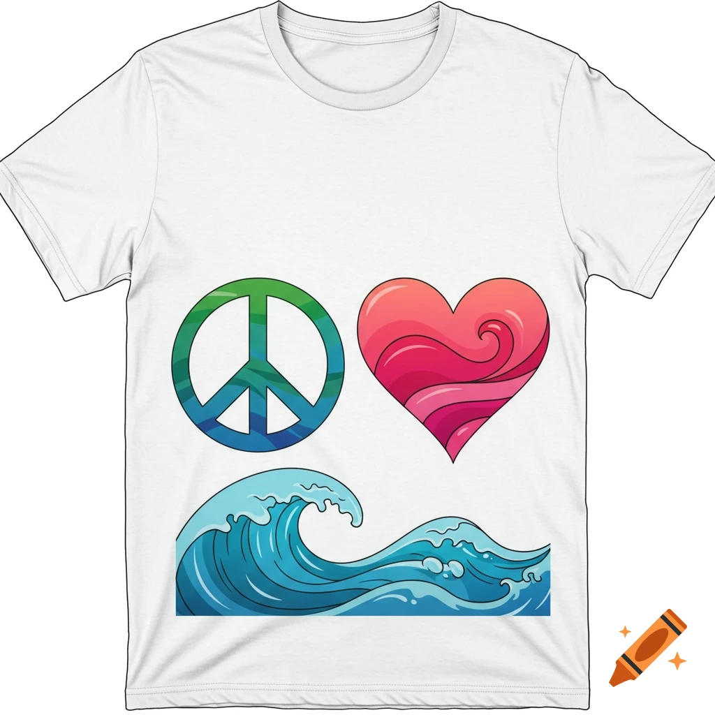 A white t-shirt featuring a peace sign, a heart, and blue ocean waves as a print.