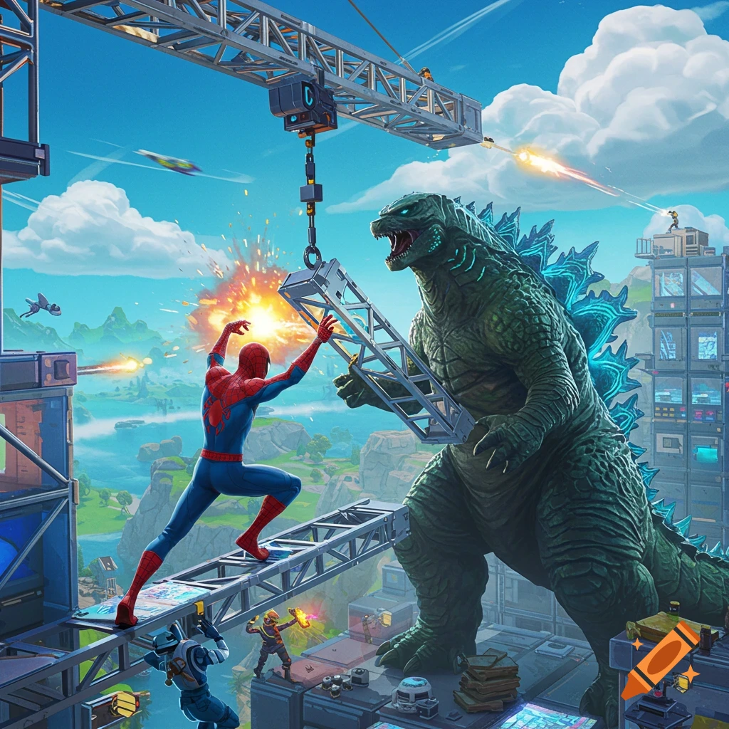 Spider-Man and Godzilla construct a skybase in Fortnite, with other characters and explosions in the background, in a vibrant, cartoonish style.