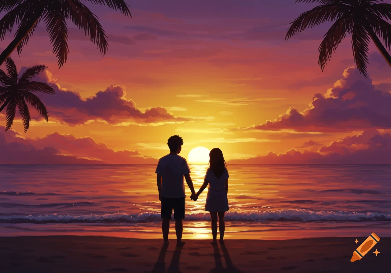An anime couple holding hands on a beach, silhouetted against a vibrant sunset with palm trees.