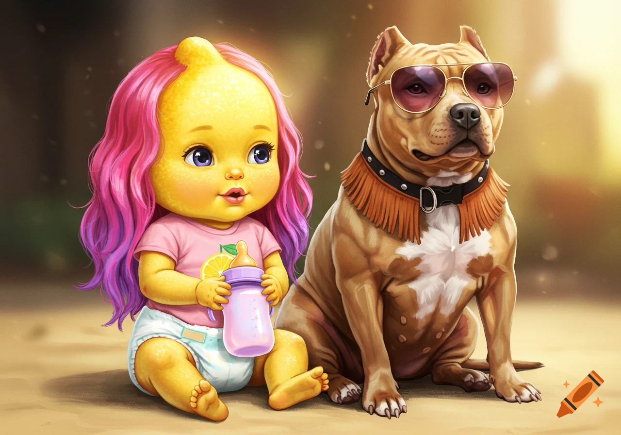 Cartoon lemon-baby with pink hair holding a bottle, next to a pitbull wearing sunglasses.