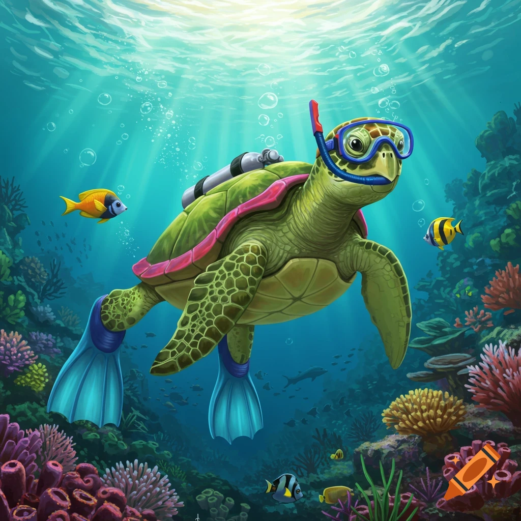 A cartoon green sea turtle wearing blue scuba gear and flippers swims through a vibrant coral reef with colorful fish.