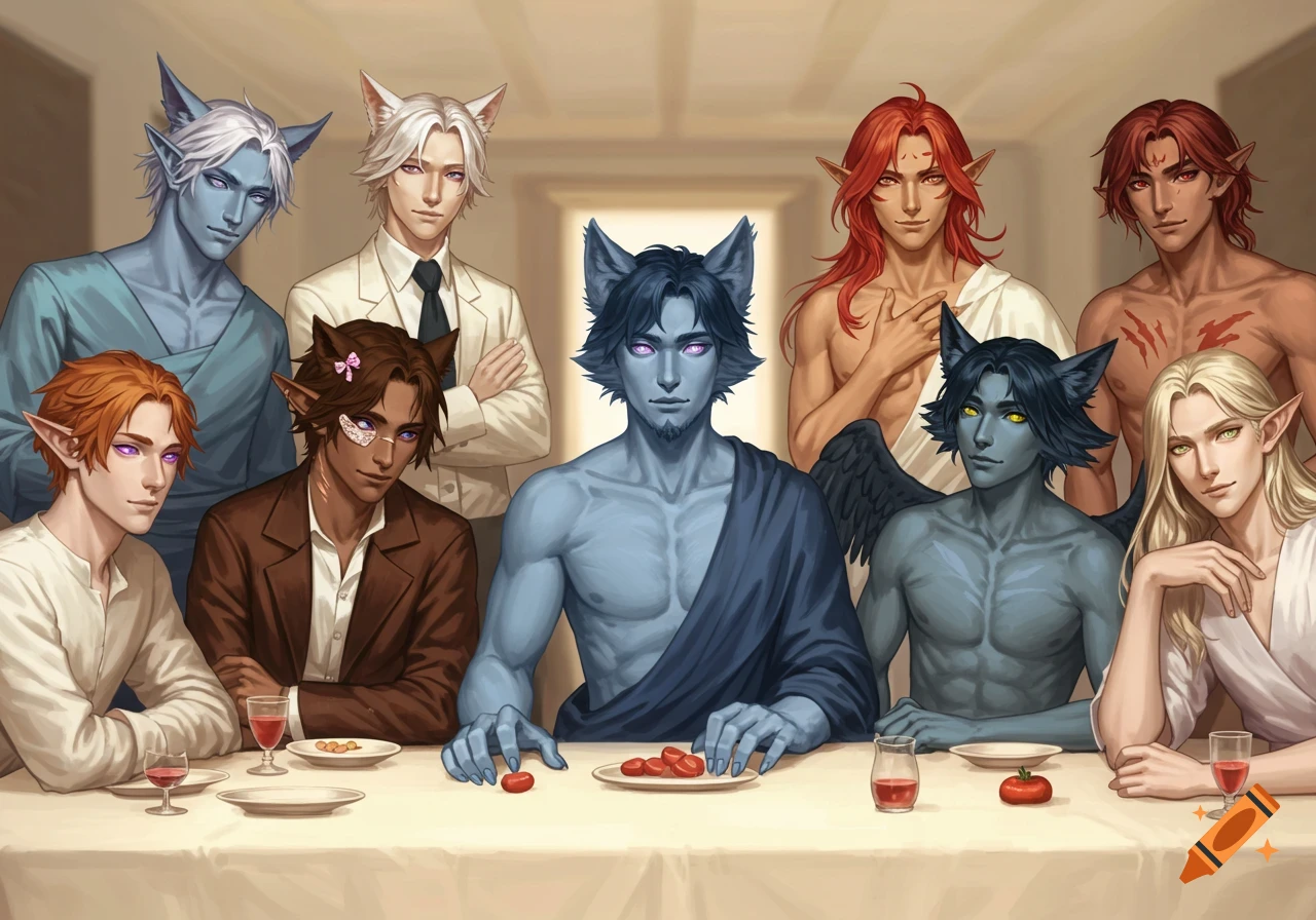A semi-realistic digital art rendering of the Last Supper scene, featuring nine diverse fantasy humanoid figures at a table.