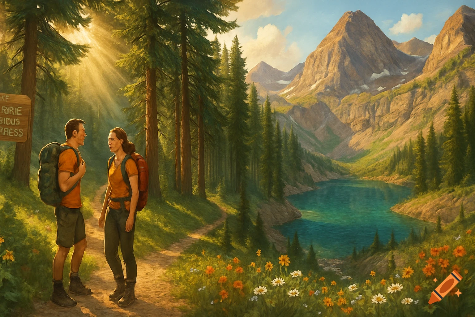 A man and woman with backpacks hike on a trail through a sunny forest towards a bright blue lake surrounded by mountains.