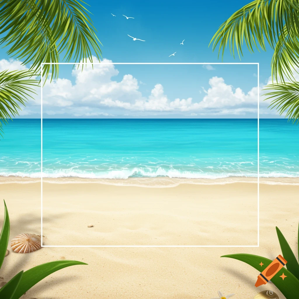 A photorealistic tropical beach scene with turquoise ocean, golden sand, and palm leaves framing the top.