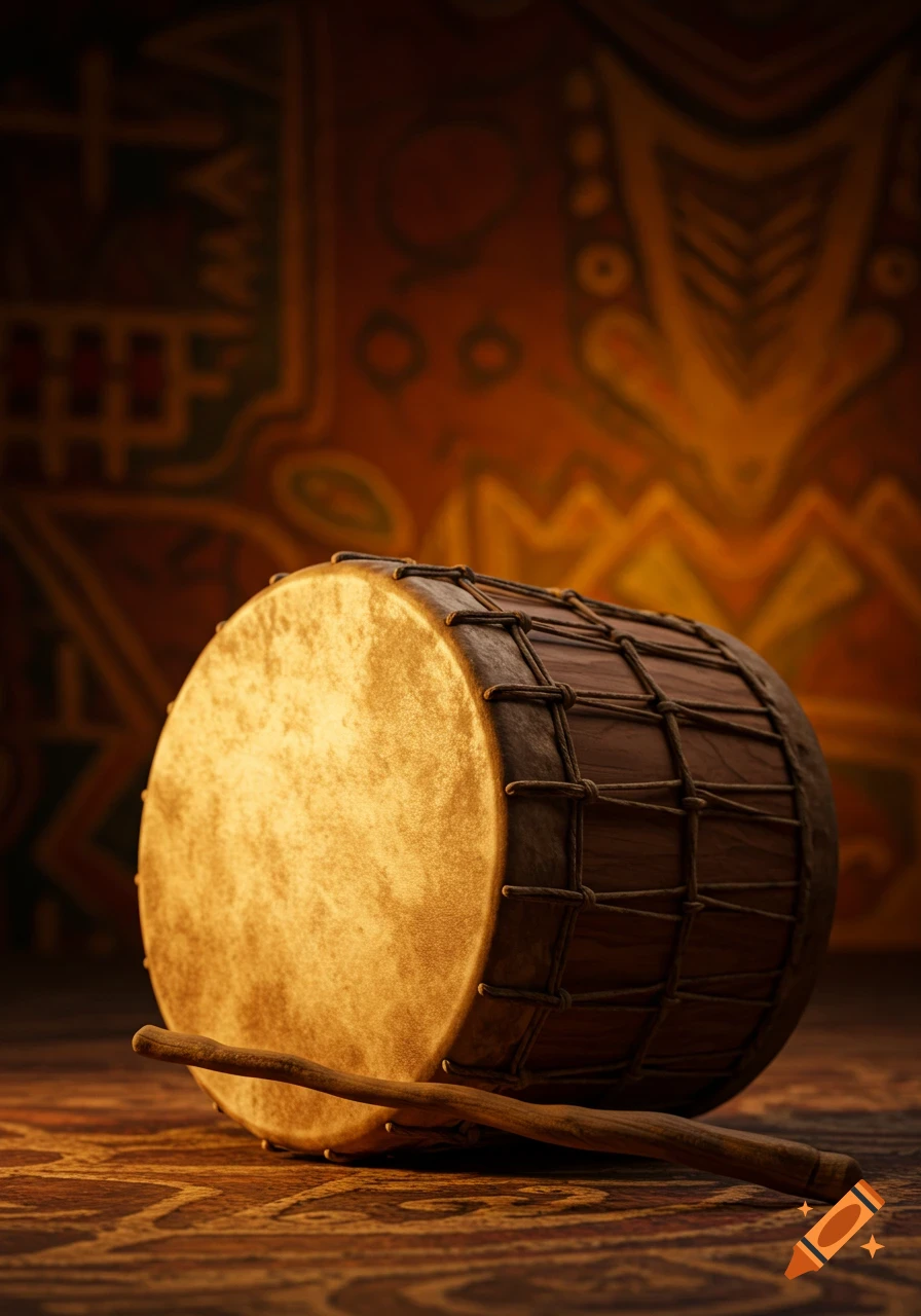 A photorealistic drum and drumstick rest on a patterned floor with a blurred, warm-toned background.