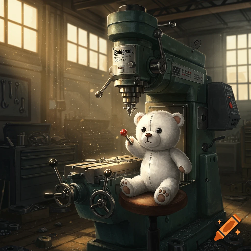 A white teddy bear sits on a stool next to a large green milling machine in a dusty workshop, holding a red object. The image has warm lighting.