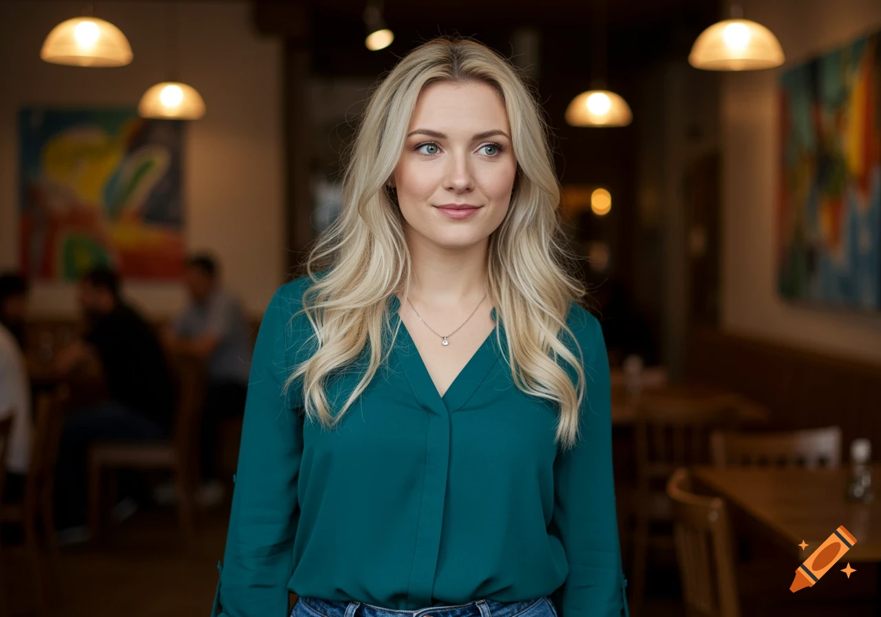 A blonde woman in a teal blouse looks to the side in a dimly lit cafe with a blurred background.
