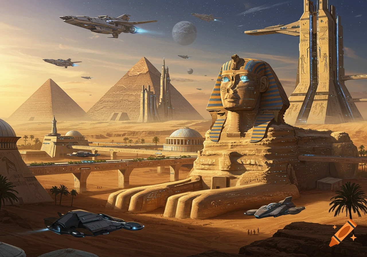 A futuristic sci-fi desert scene featuring the Great Sphinx with glowing eyes, pyramids, and sleek spaceships flying over advanced ancient Egyptian architecture.