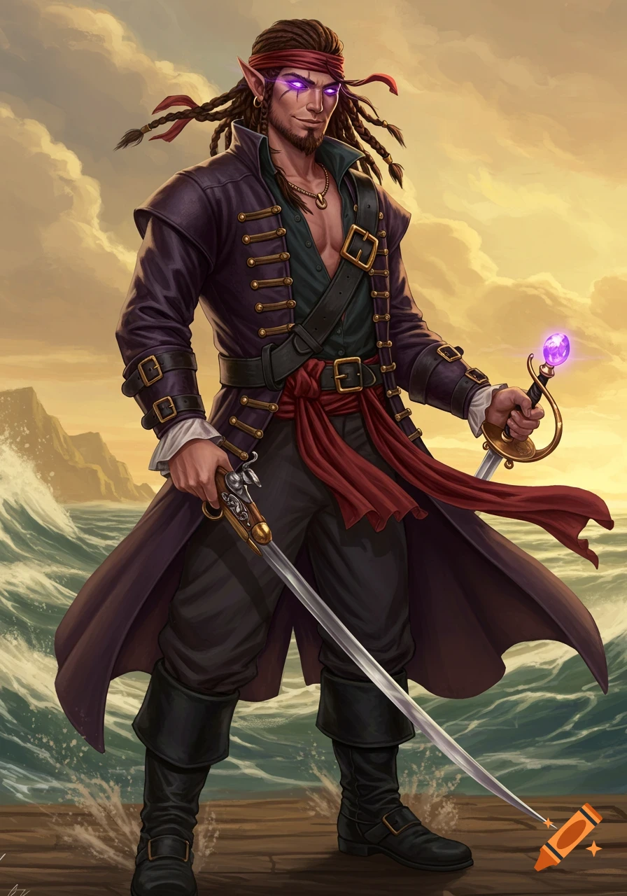 A male half-elf pirate with glowing purple eyes and dreadlocks stands on a ship deck, holding a flintlock pistol and a rapier against a stormy sea and sunset sky.