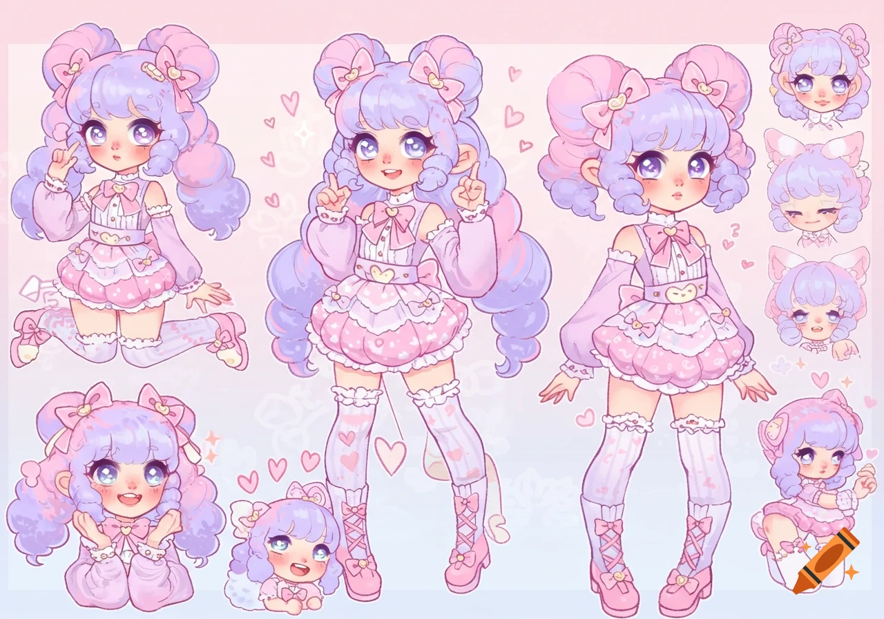 Chibi character reference sheet featuring a pastel pink and purple girl in multiple poses and expressions, with heart accents.