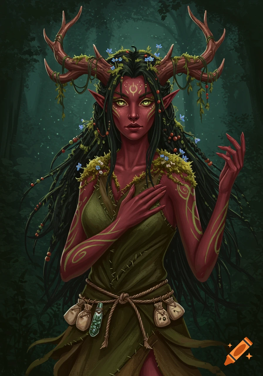 An illustration of a red-skinned female fantasy character with antlers, green eyes, and mossy hair in a forest.