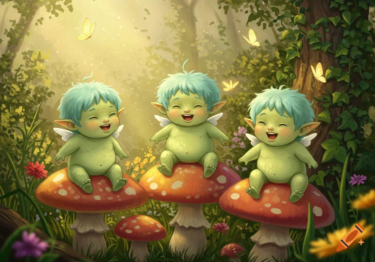 Three happy, green, chubby fairy-like creatures with teal hair and small wings sit on red mushrooms in a sunny, whimsical forest with butterflies.