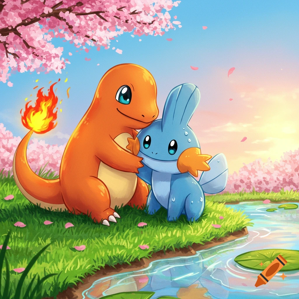 Charmander hugging Mudkip by a pond under cherry blossoms at sunset, cartoon style.
